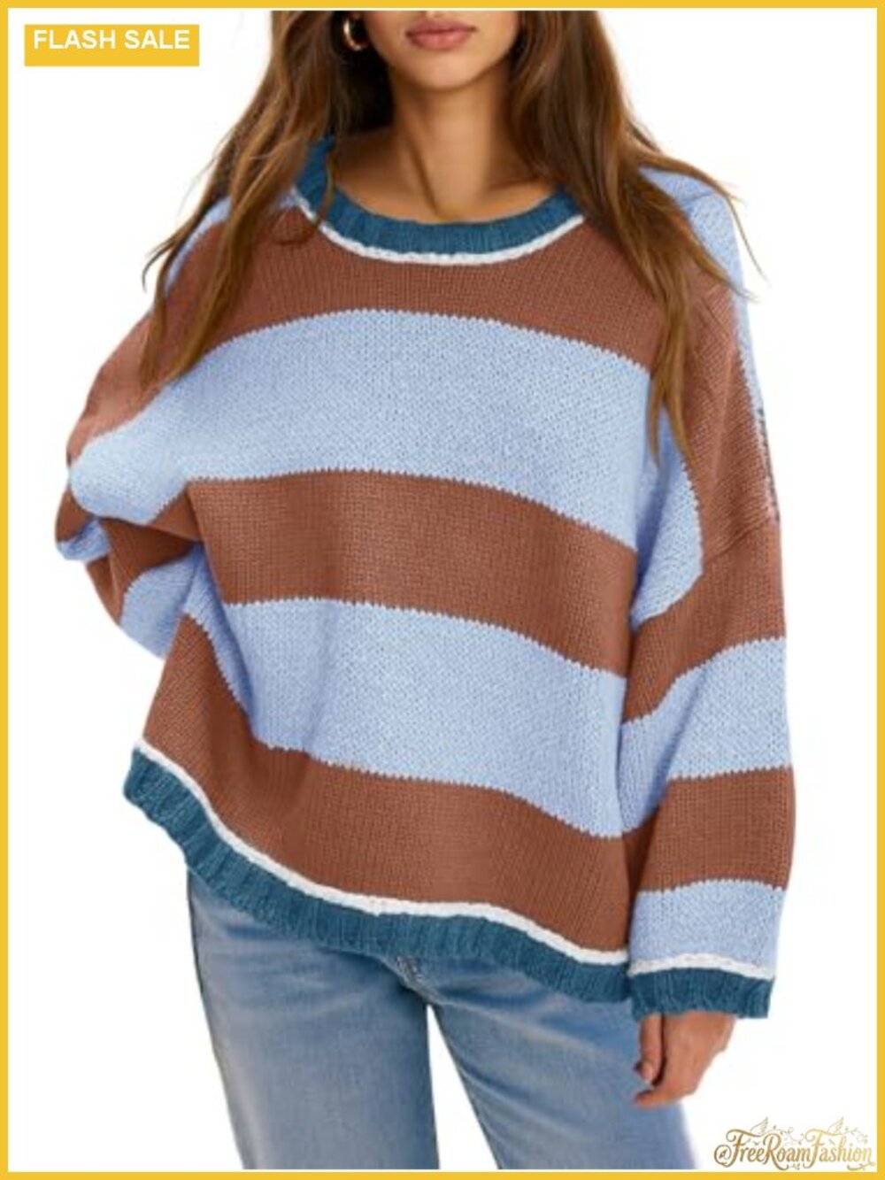 Oversized Striped Color Block Crewneck Knitted Pullover Sweater